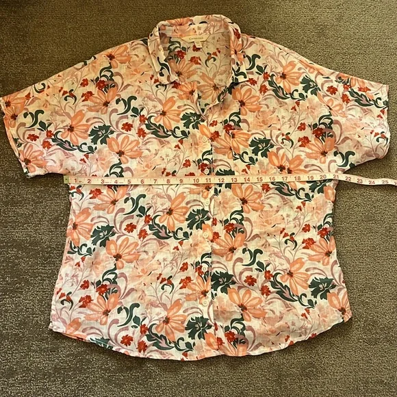 Garnet Hill Linen Button Down Floral Short Sleeve Size 10 - Picture 2 of 6